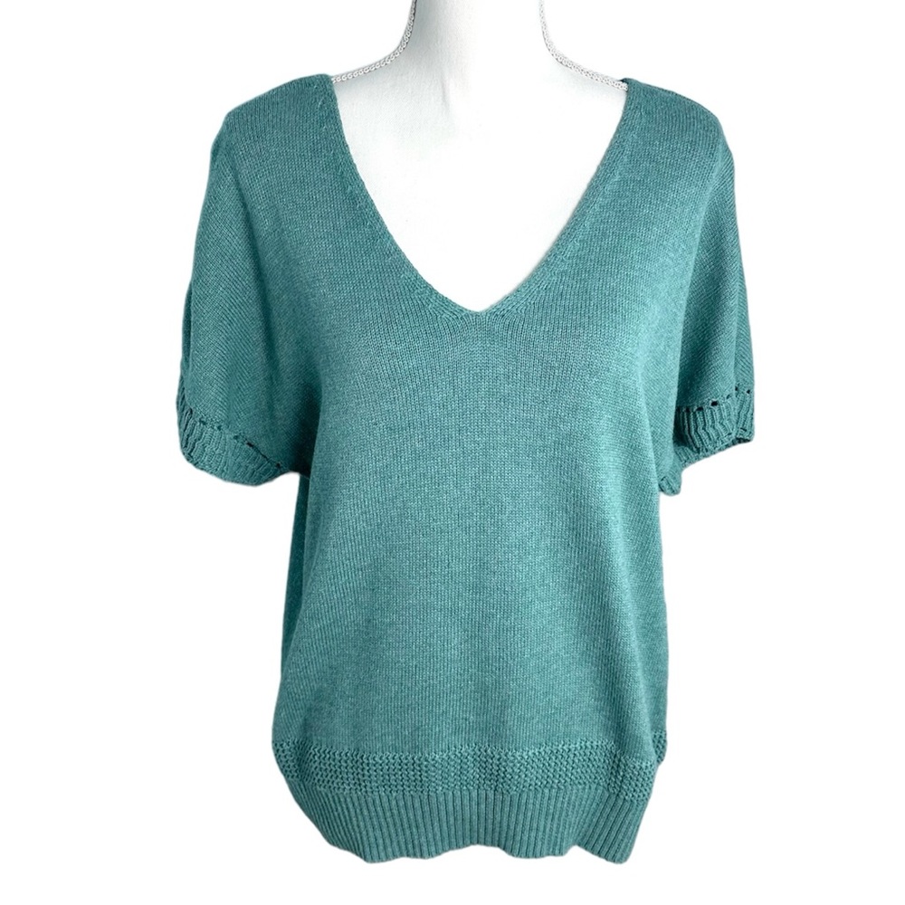 Joie Lightweight Cotton Knit Sweater Lg Teal V-Front & Back Short Sleeve NWOT